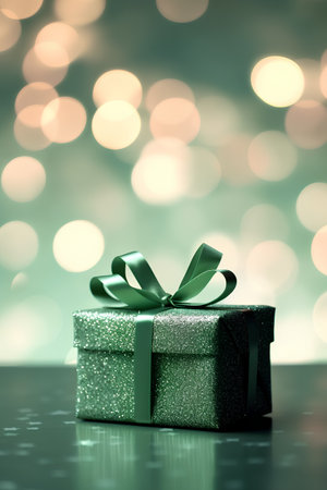Gift box on bokeh background. Christmas and New Yearの素材