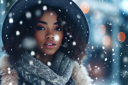 Winter fashion. Closeup portrait of a beautiful young african american woman wearing winter coat and hat outdoorsの素材