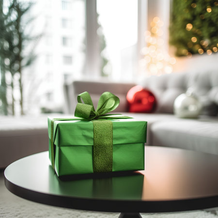 Green gift box on table in living room with christmas tree bokeh backgroundの素材