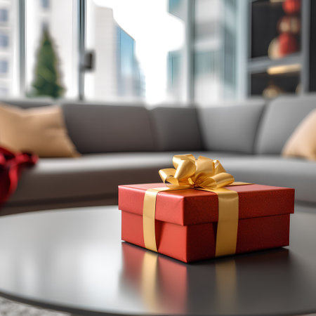 Red gift box on the table in the living room. 3d renderingの素材