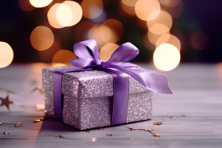 Gift box with purple ribbon on bokeh background. Christmas and New Year concept.の素材
