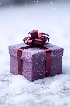 Gift box in snow. Christmas and New Year holidays background.の素材