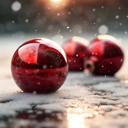 Red christmas baubles on snow with bokeh backgroundの素材