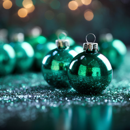 Green christmas baubles on bokeh background, close upの素材