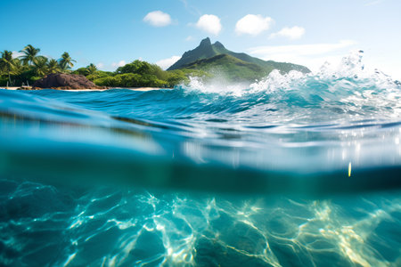 Beautiful seascape with tropical island and waves in the oceanの素材