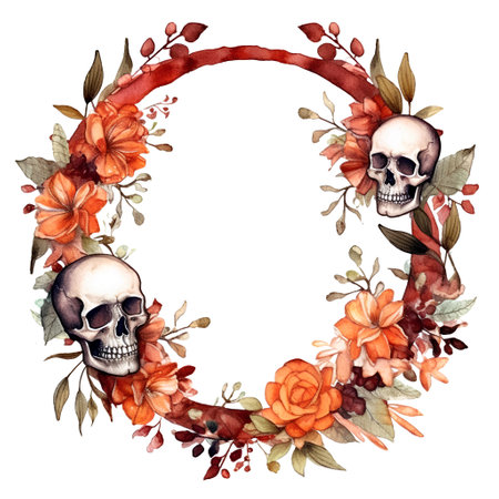 Watercolor halloween wreath with skull and orange flowers.の素材