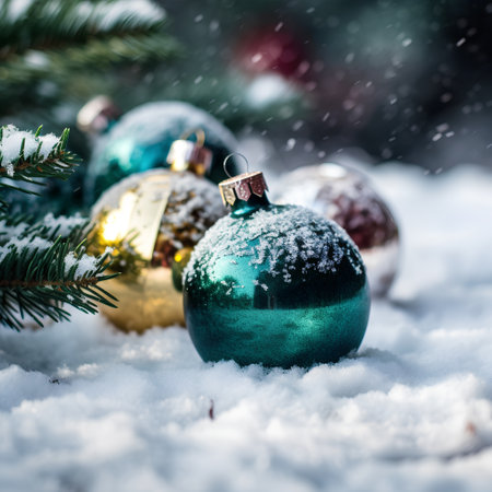Christmas balls on the snow. Selective focus. Holiday background.の素材