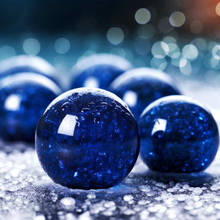 christmas decoration with blue balls on snow and bokeh backgroundの素材