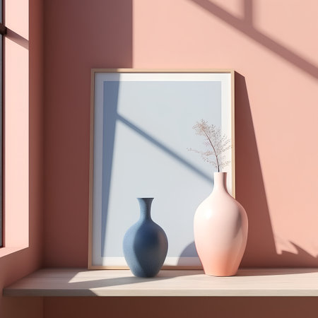 3D render of a vase with a branch and a frame on the wallの素材