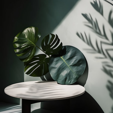 Modern minimalistic interior design with green monstera leaves. 3d renderの素材