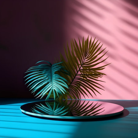 3d render of tropical palm leaves on a podium in the roomの素材