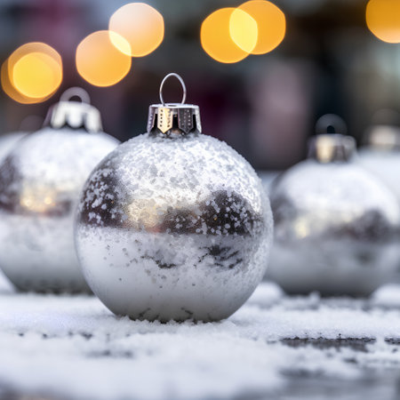 Christmas baubles on snow with blurred lights in the background.の素材