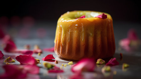 Orange cake with rose petals on a black background, selective focusの素材