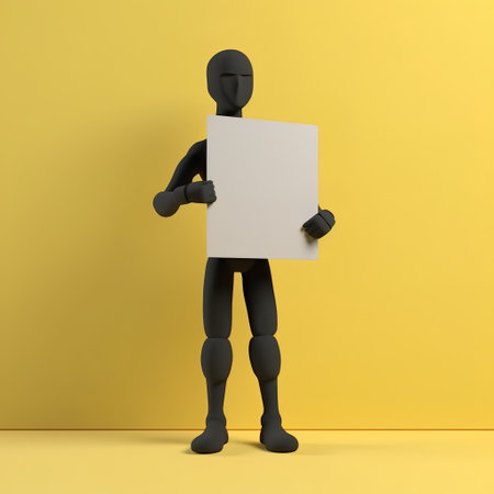 3d render of mannequin holding blank board on yellow backgroundの素材