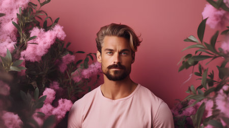 Portrait of a handsome young man with a beard on a pink background.の素材