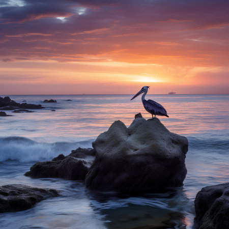 Pelican on a rock in the sea at sunset. Beautiful seascape.の素材