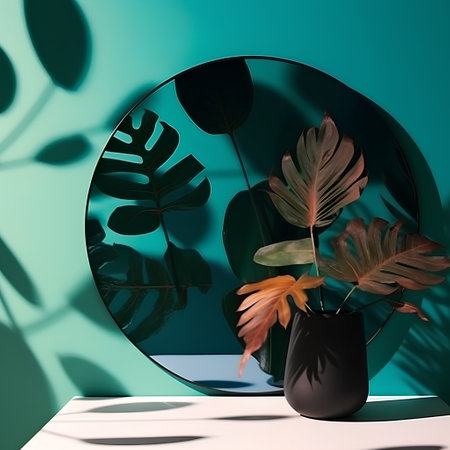 3d render of a round mirror with tropical leaves in a vaseの素材