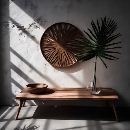 wooden shelf with palm leaf on the wall, 3d renderの素材