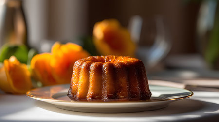 Caramel bundt cake with caramel glaze on a white plateの素材