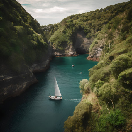 Aerial view of a sailboat sailing in a beautiful bay.の素材