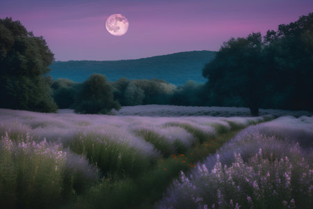 Lavender field in the evening at full moon. Beautiful landscape.の素材