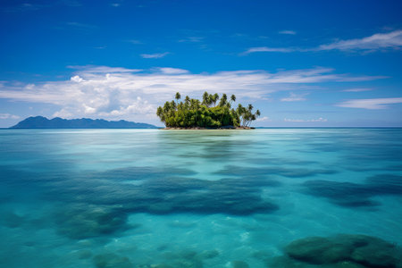 tropical island in the sea under the blue sky with white cloudsの素材