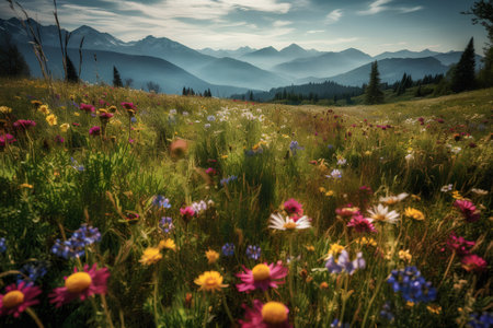 Mountain meadow with wildflowers and mountains in the backgroundの素材