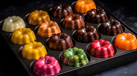 Colorful chocolates in a tray on a black background.の素材