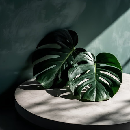 Monstera leaves on a dark background with shadows. Minimal style.の素材