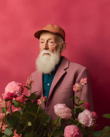Fashionable senior man with long white beard in stylish pink coat and cap posing with bouquet of flowers on pink backgroundの素材