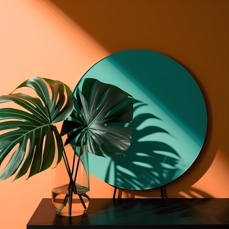 Tropical palm leaves in a vase and round mirror on the orange wallの素材