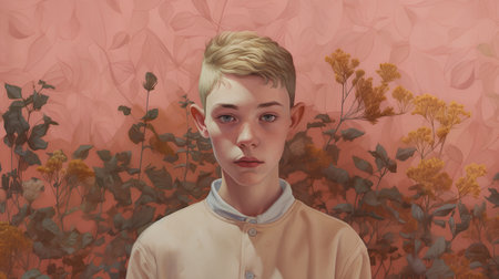 Portrait of a boy in a white shirt on a background of flowersの素材