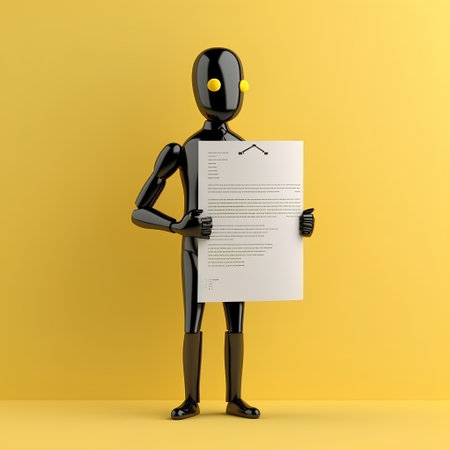 Robot holding a blank sheet of paper on a yellow background.の素材