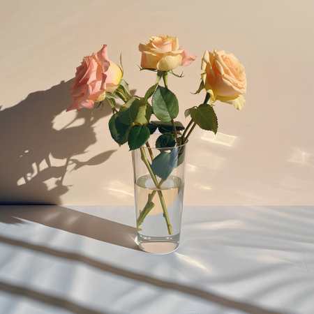 Bouquet of roses in a glass vase on a white table with shadows.の素材