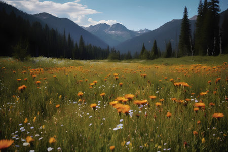 Meadow with yellow flowers and mountains in the background, Canadaの素材