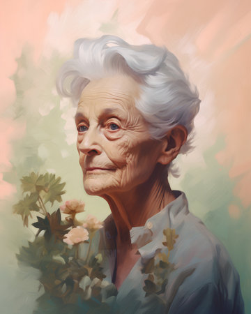 Portrait of an elderly woman with flowers. Photo in old color image style.の素材