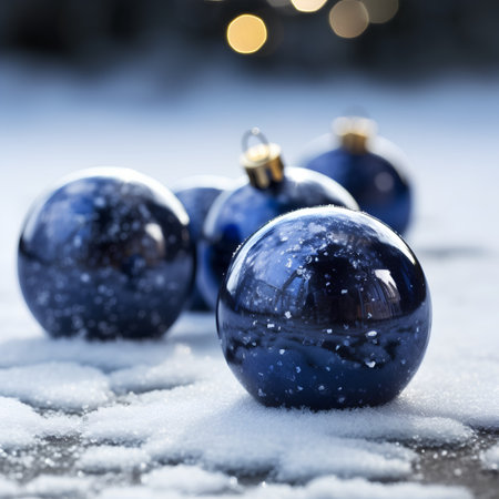 Christmas decoration on snow with bokeh background. Blue christmas ballsの素材