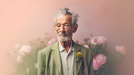 Portrait of an old man with flowers on a pink background.の素材