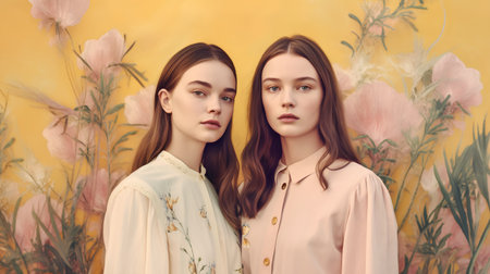 Portrait of two young girls in pastel clothes on yellow backgroundの素材