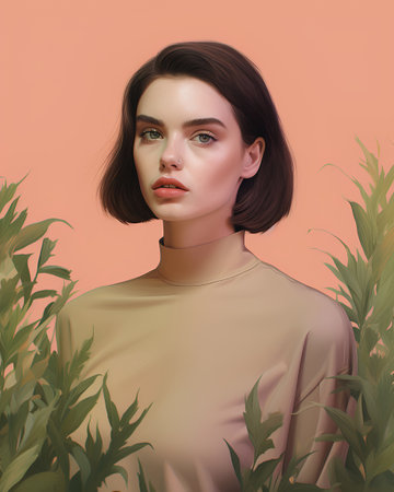 Beauty portrait of young woman with natural makeup and green leaves.の素材