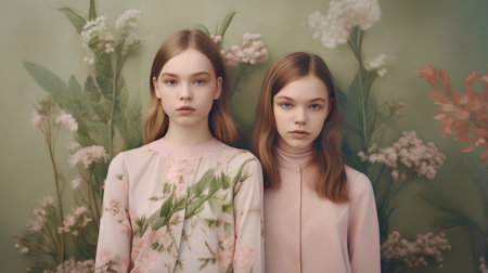 Two young beautiful girls posing in the studio over green background with flowersの素材