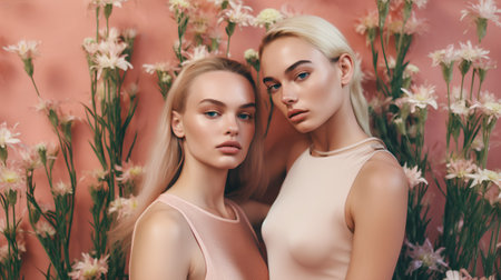 Two beautiful girls with flowers on a pink background. Beauty, fashion.の素材