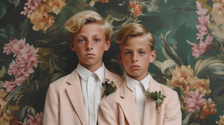 Portrait of a beautiful blond boy and girl in a pink suit on a floral backgroundの素材