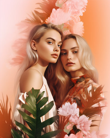 Portrait of two beautiful girls with flowers in their hair. Beauty, fashion.の素材