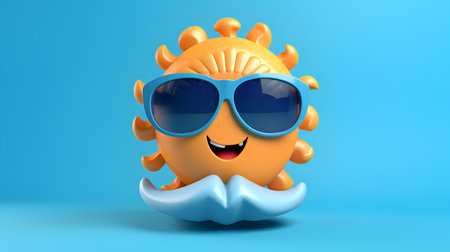 Funny orange sea monster with sunglasses isolated on blue background. 3d renderingの素材
