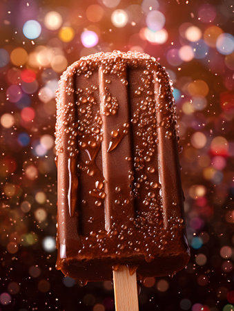 Chocolate ice cream on stick with drops of water on bokeh backgroundの素材