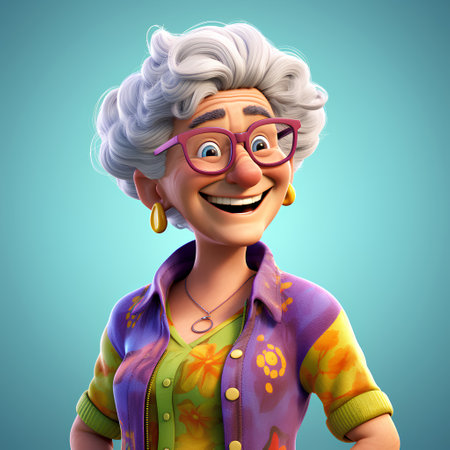 3D Illustration of an old woman with glasses and a happy expressionの素材