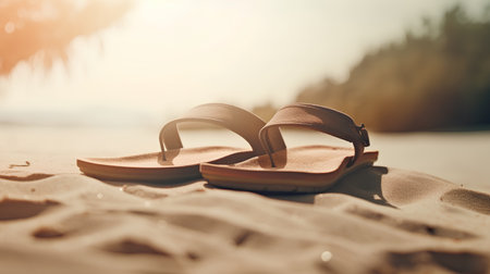 Sandals on the beach at sunset. Selective focus. nature.の素材