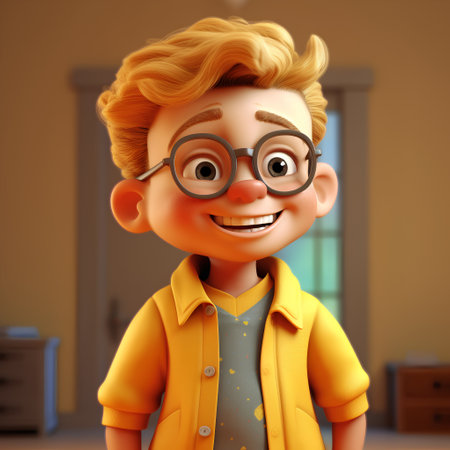 3d illustration of happy boy with eyeglasses in the roomの素材