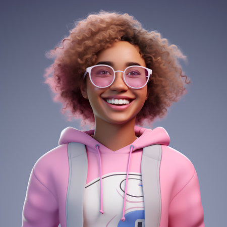 Portrait of a beautiful young african american woman with afro hairstyle wearing pink hoodie and glasses.の素材
